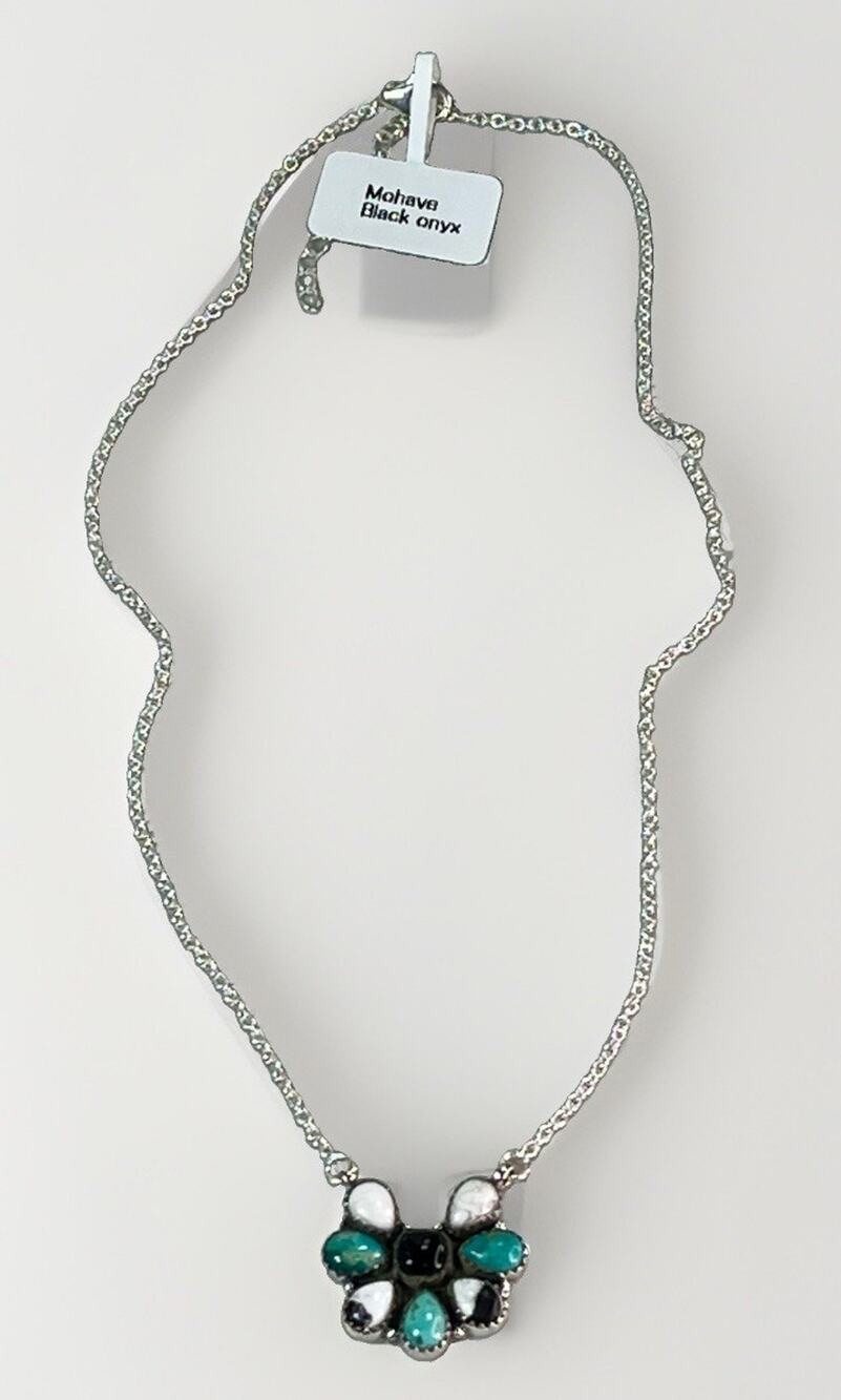 Mohave Turquoise Onyx White Buffalo Sterling Silver Cluster Southwest Necklace